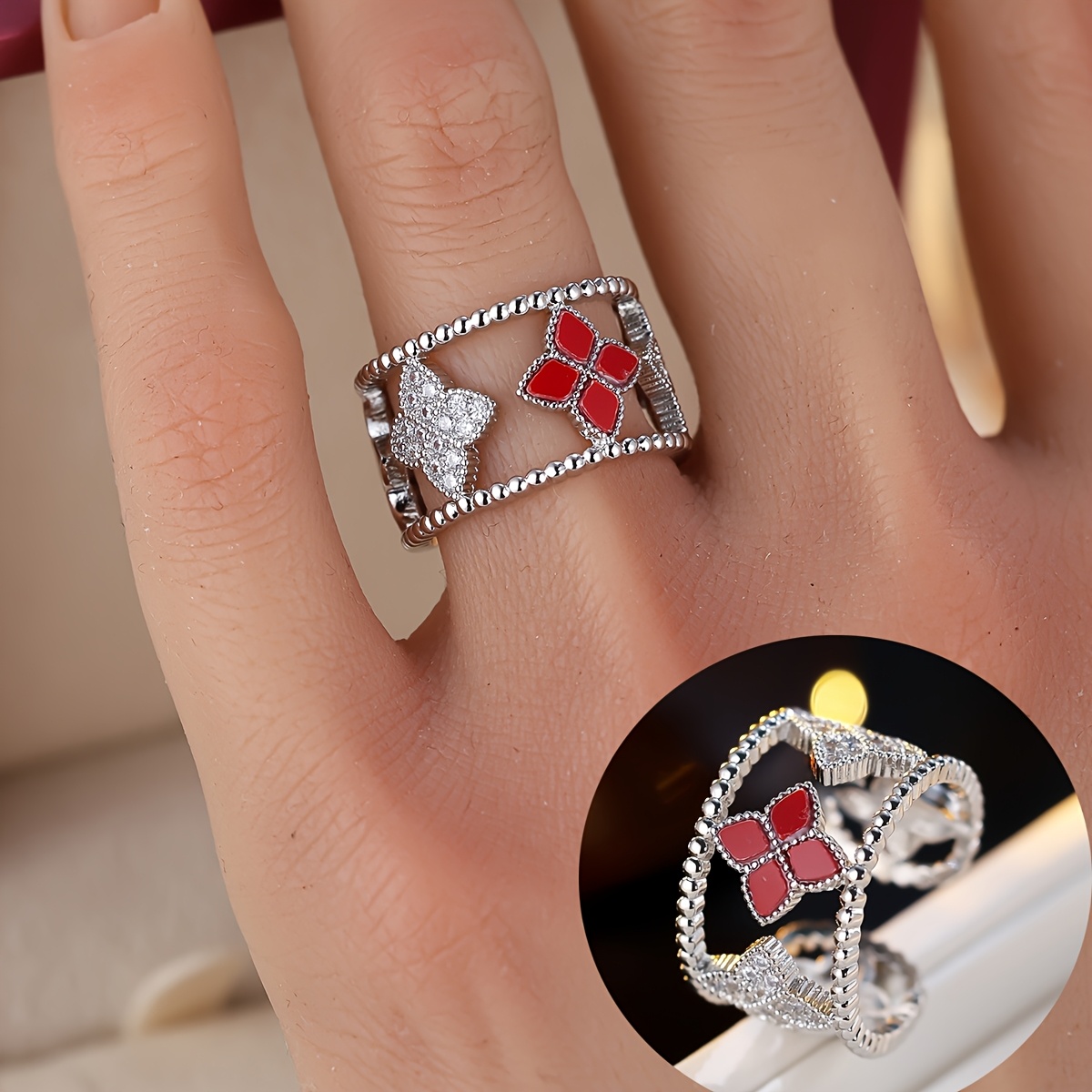 Classic Elegant Floral Shaped Hollow Double Ring for Women